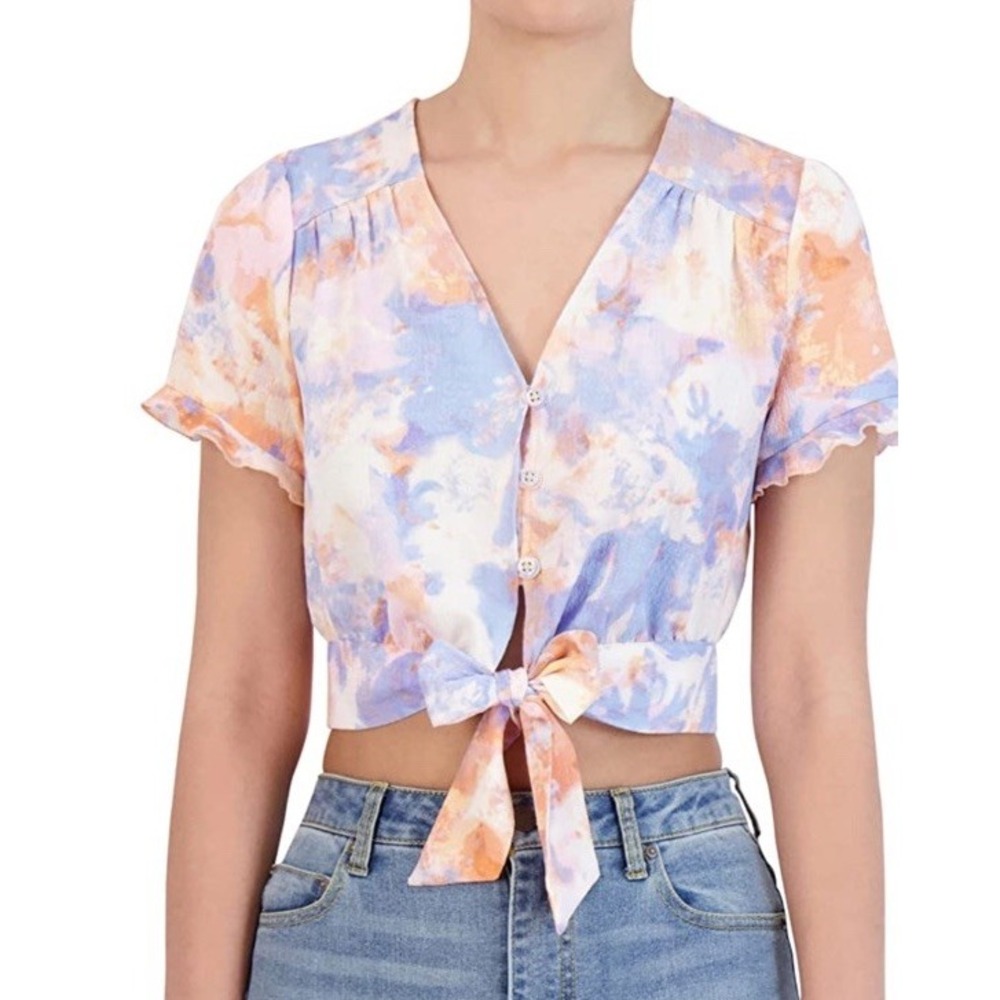 BCBGeneration Women's Short Sleeve‎ Button Front Top, Tie Dye, X-Large